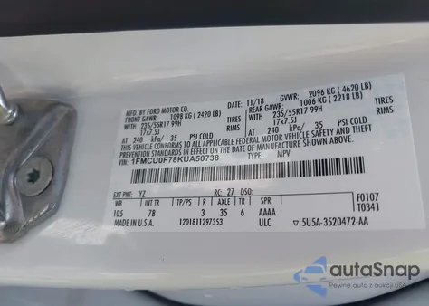 2019 Ford Escape S z USA, uszkodzony, nr VIN 1FMCU0F78KUA50738